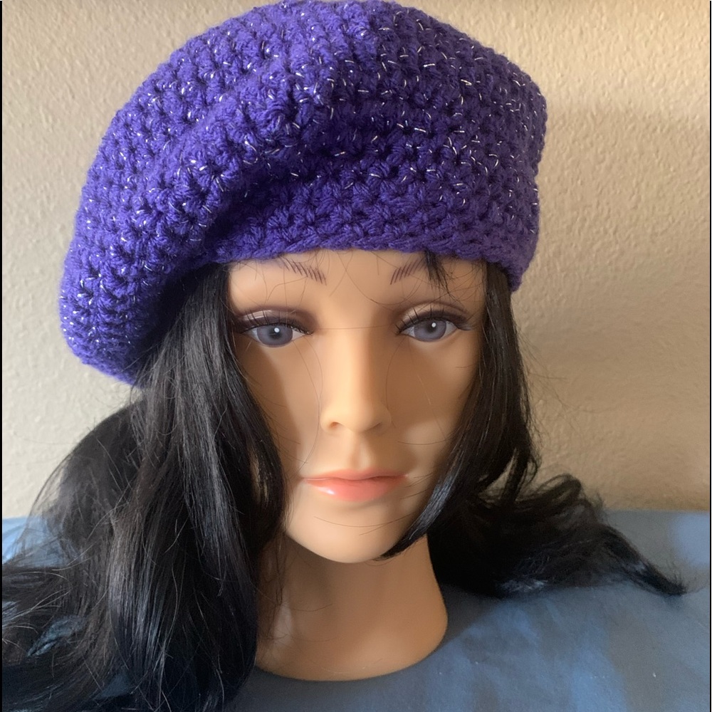 Sparkle Purple Crochet Beret Handmade